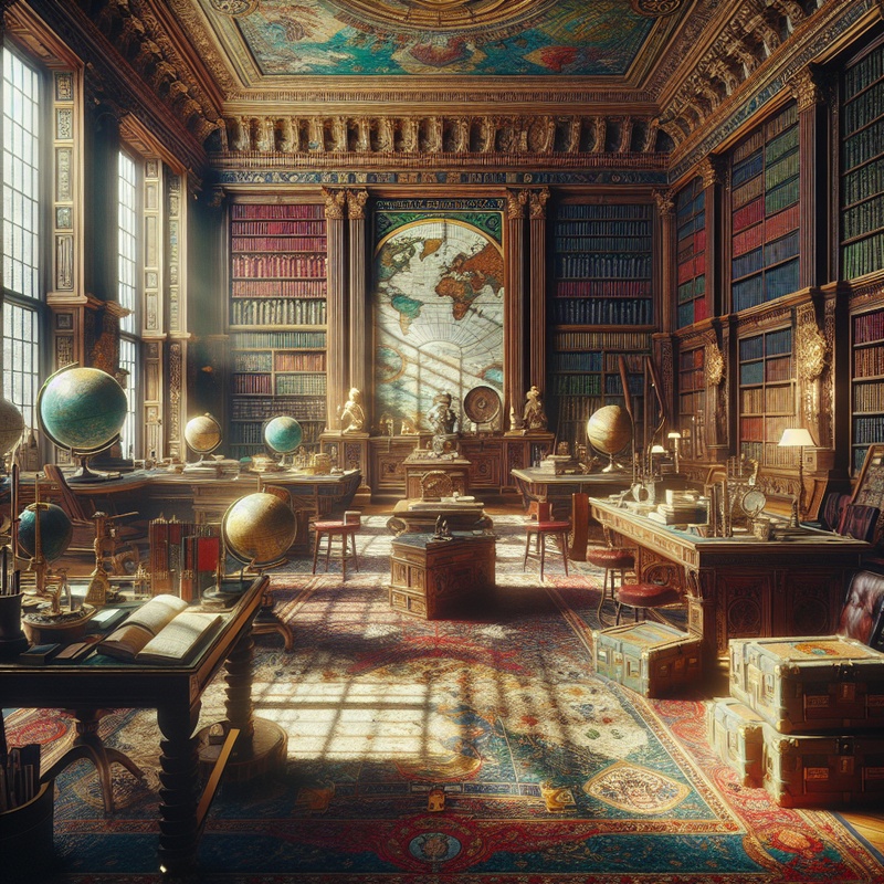 A room with historical books, maps, and artifacts, lit by sunlight.