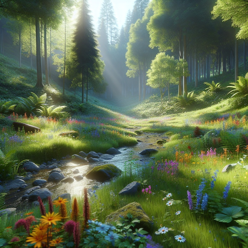 A forest clearing with wildflowers, rocks, and a stream.