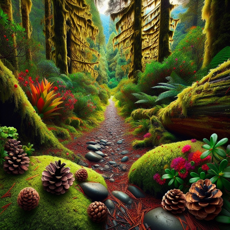 A forest trail with diverse plants and natural elements under sunlight.