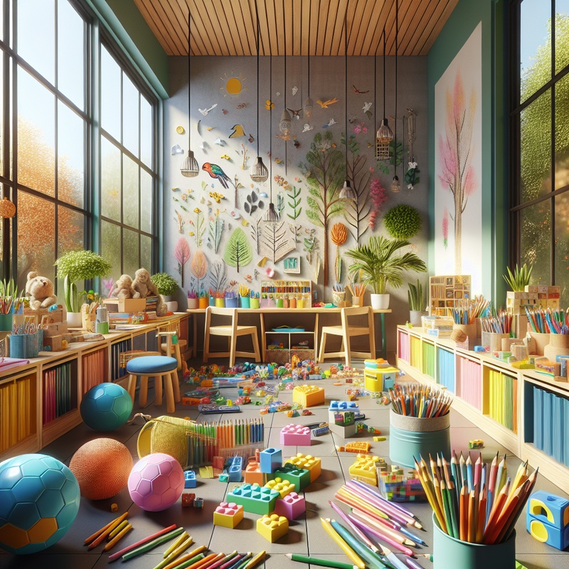 A playroom with art supplies, blocks, and nature elements.