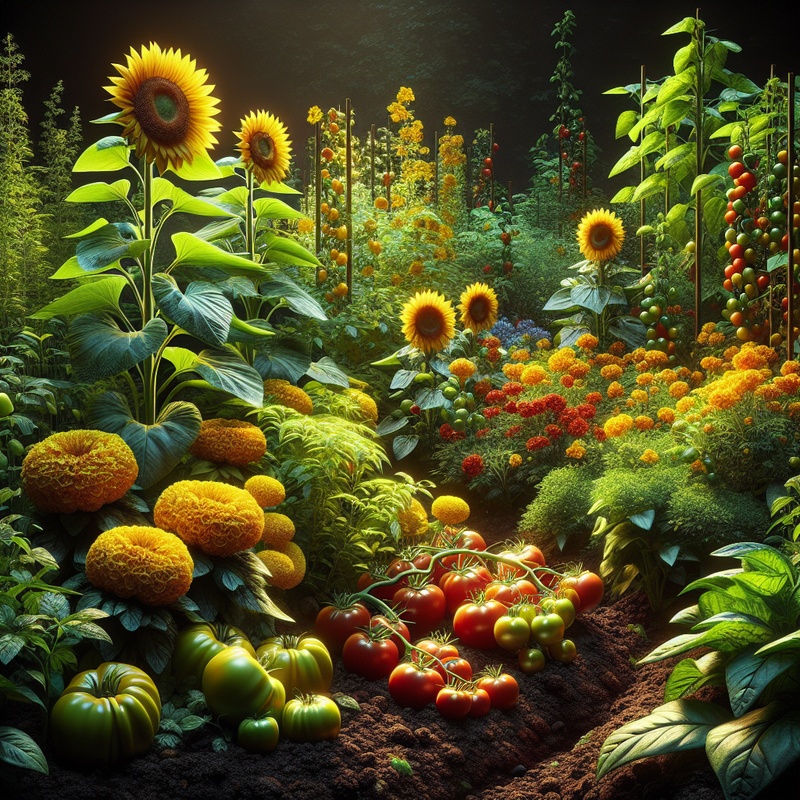 A vibrant garden with sunflowers, marigolds, and cherry tomatoes in rich soil under bright sunlight.
