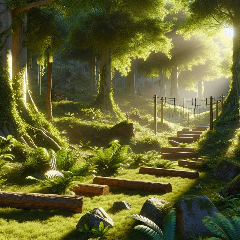 Forest obstacle course with logs, stones, and ropes in a sunny, green environment.