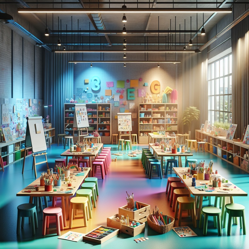 Colorful children's workshop with materials and activity stations.