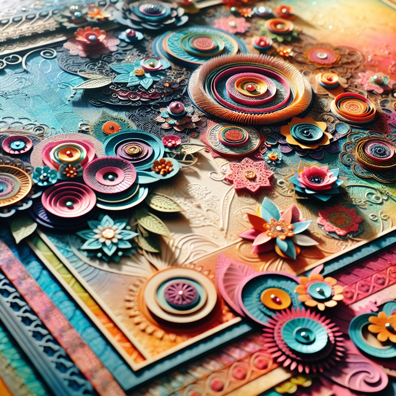 A detailed scrapbook page with layers, colors, and embellishments.