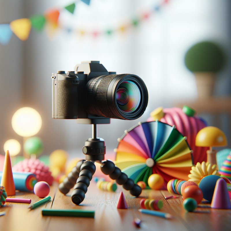 A child's photography setup with props and a camera on a tripod.