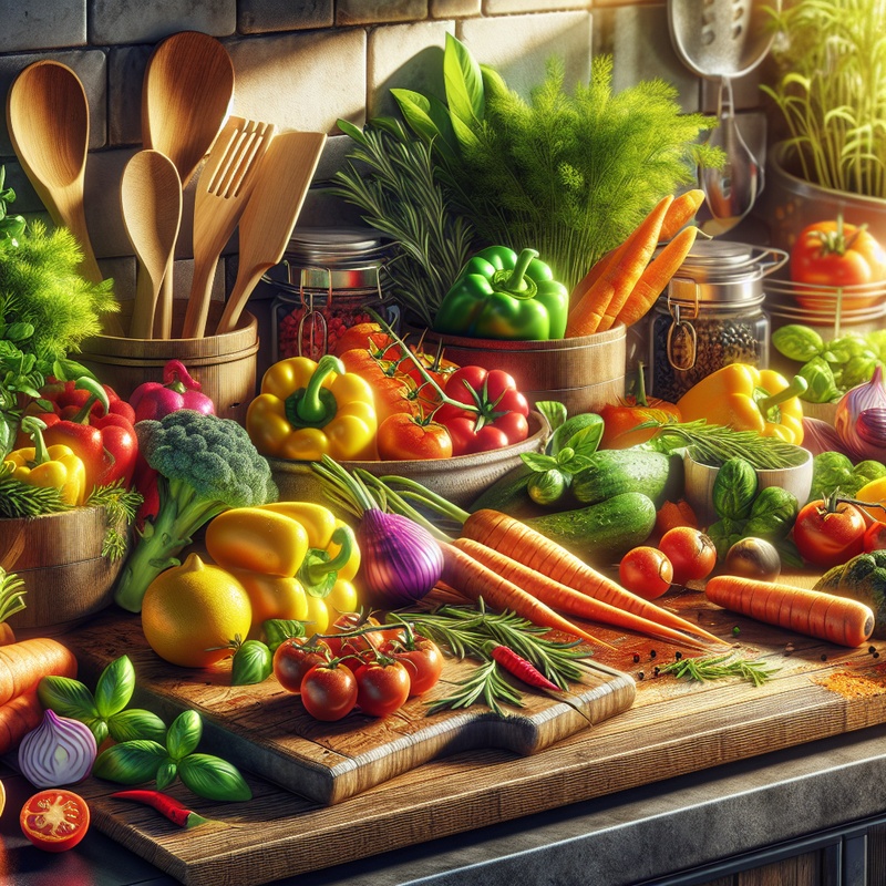 Colorful vegetables and cooking utensils on a kitchen countertop.