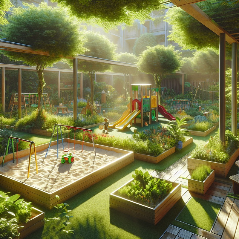 A backyard playground with play zones, plants, wooden structures, sandbox, and garden.