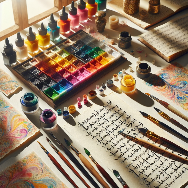 A calligraphy set with colorful inks, brushes, and paper in a bright workspace.