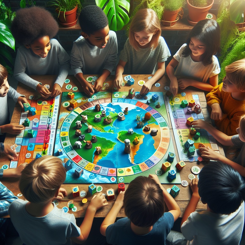 Children playing a climate change board game with colorful pieces in an eco-friendly setting.