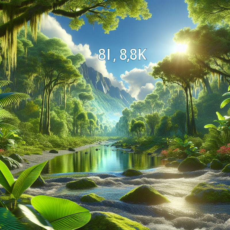 A lush forest with a river flowing under a blue sky, representing environmental harmony.