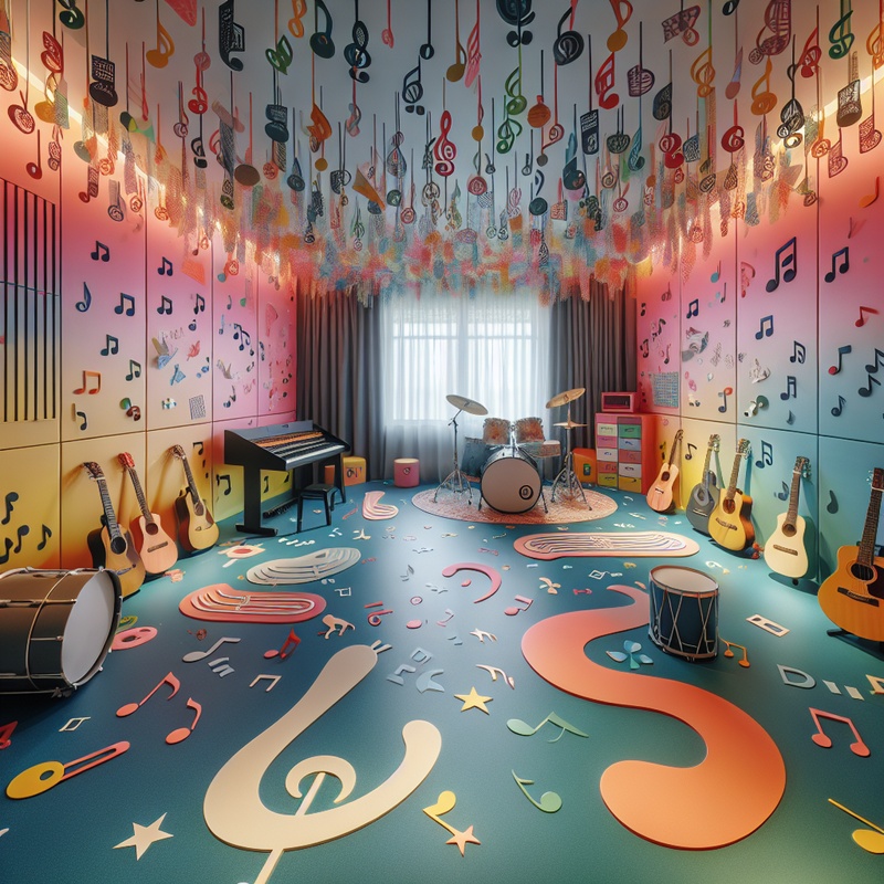A colorful music room with instruments and musical decorations.