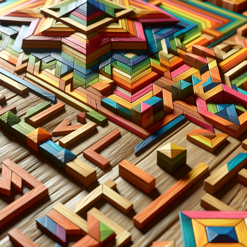 Colorful tangram pieces arranged in geometric patterns on a table.
