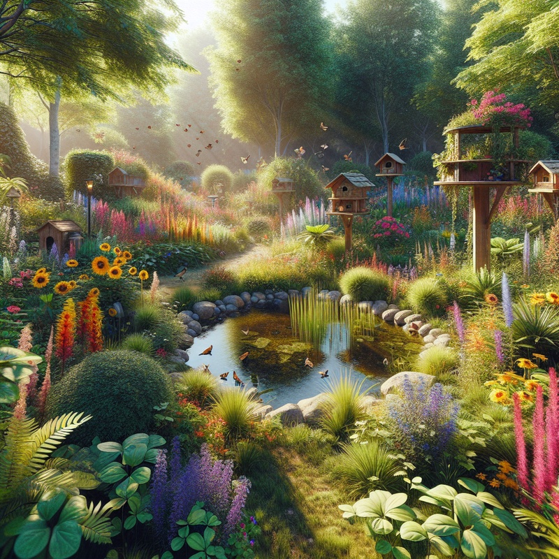 A wildlife-friendly garden with various plants, a pond, and shelters for animals.