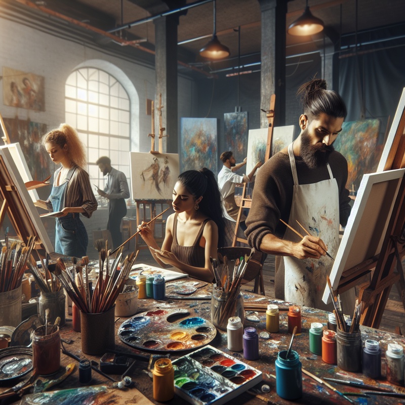 A colorful art studio with paints, brushes, and canvases, depicting a collaborative art environment.
