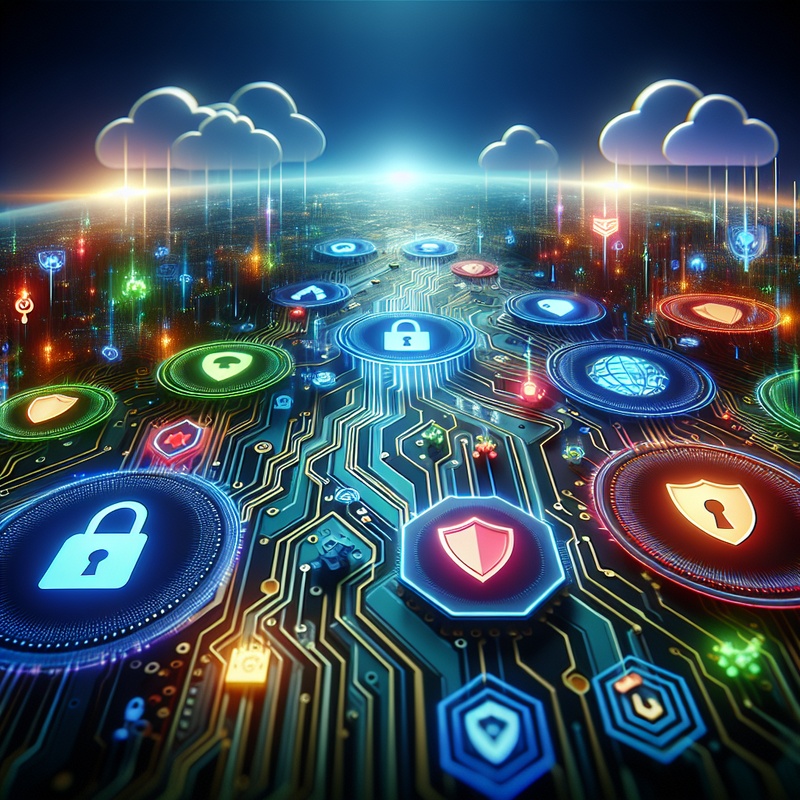 Colorful digital landscape with cybersecurity icons on a circuit board.