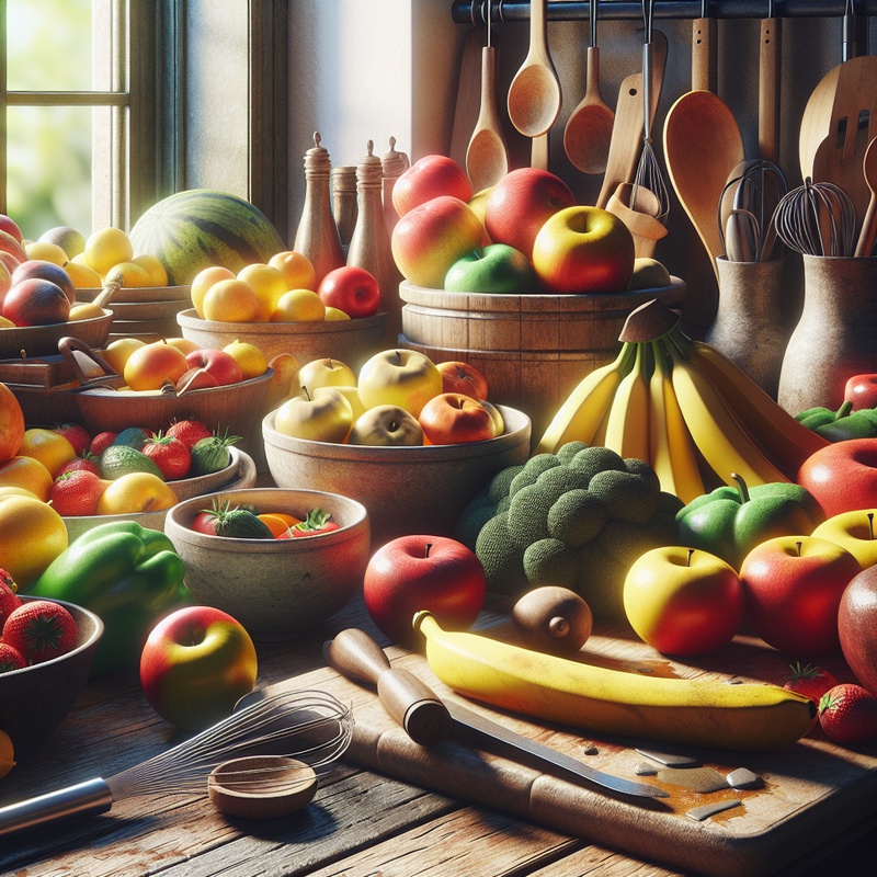 A kitchen countertop with colorful fruits, vegetables, and cooking utensils in natural light.