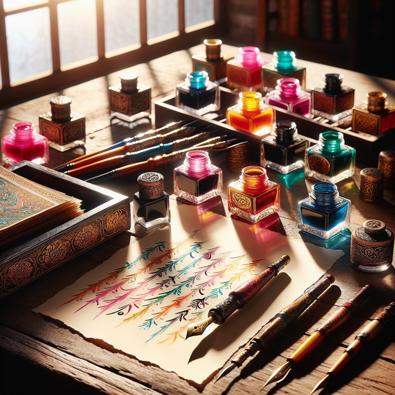 Calligraphy set with colorful inks, pens, and paper on a wooden desk.