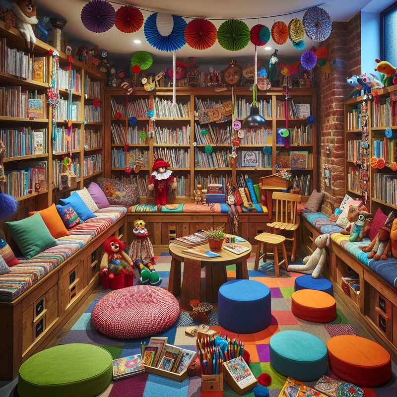 A cozy library corner with books, cushions, and storytelling props.
