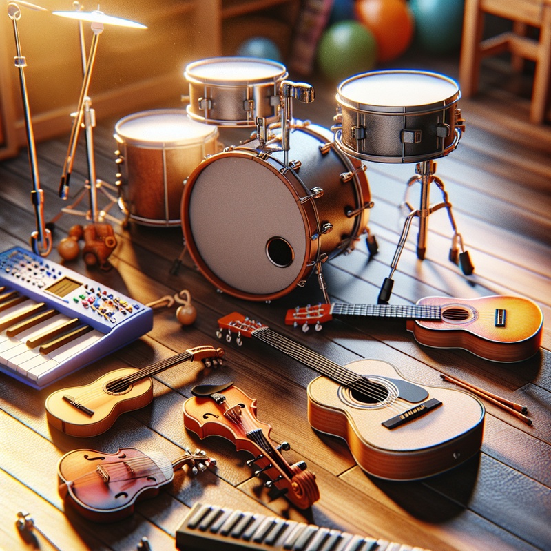Various children's musical instruments including a drum set, guitar, keyboard, recorder, and violin on a wooden floor.