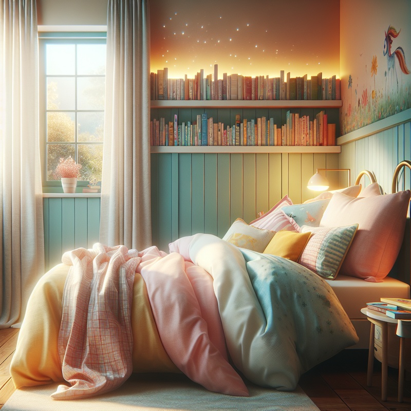 Children's bedroom with colorful bedding, nightlight, and storybooks on a shelf.