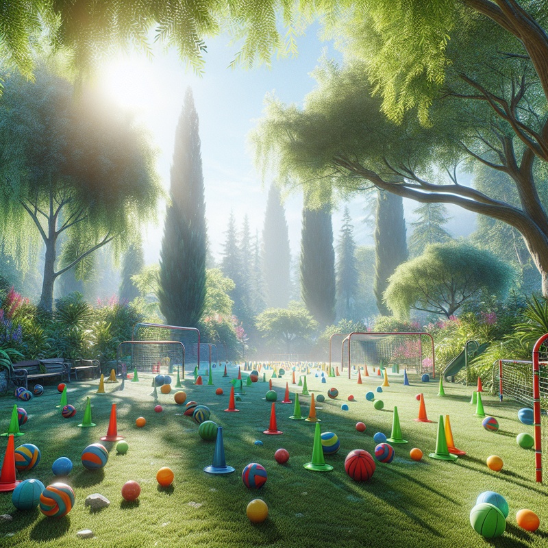 A sunny park with game equipment on grass, surrounded by trees.