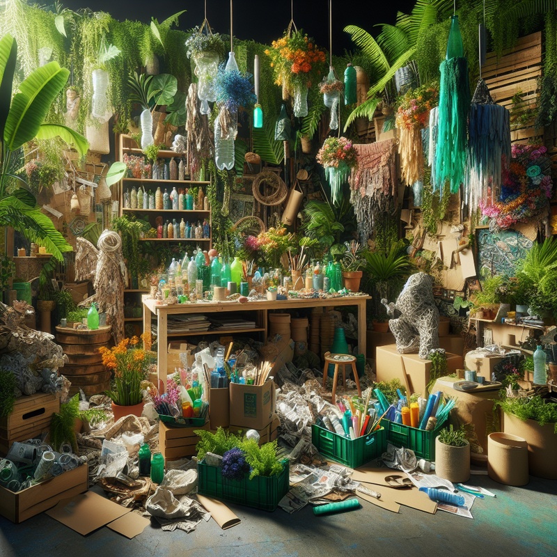 A craft station with recycled materials and colorful creations.