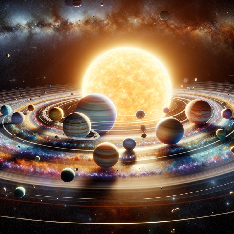 A colorful model of the solar system with planets orbiting a sun.