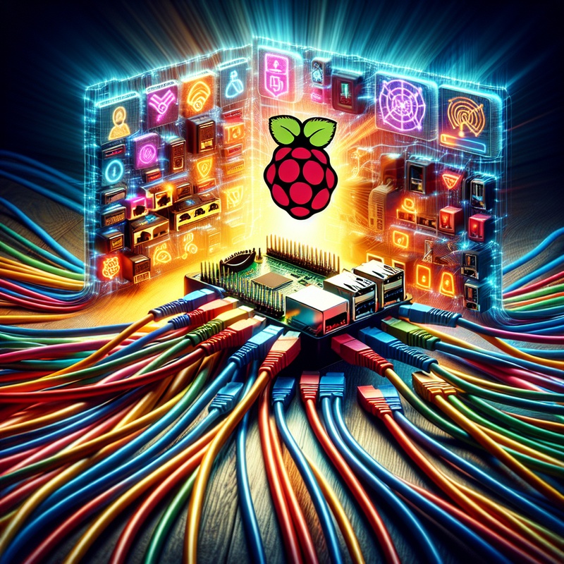 Raspberry Pi with network cables and digital safety icons.