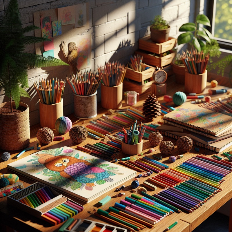 Children's art space with drawing tools and nature decorations on a table.