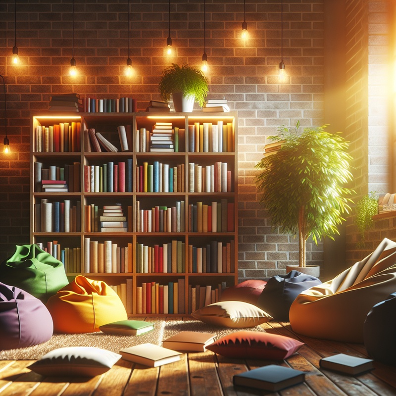 A cozy reading area with books, bean bags, and a bookshelf.