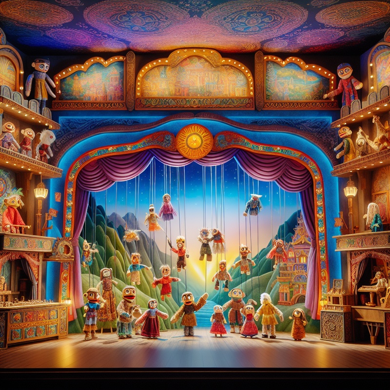 Colorful puppet theater stage with puppets and props.