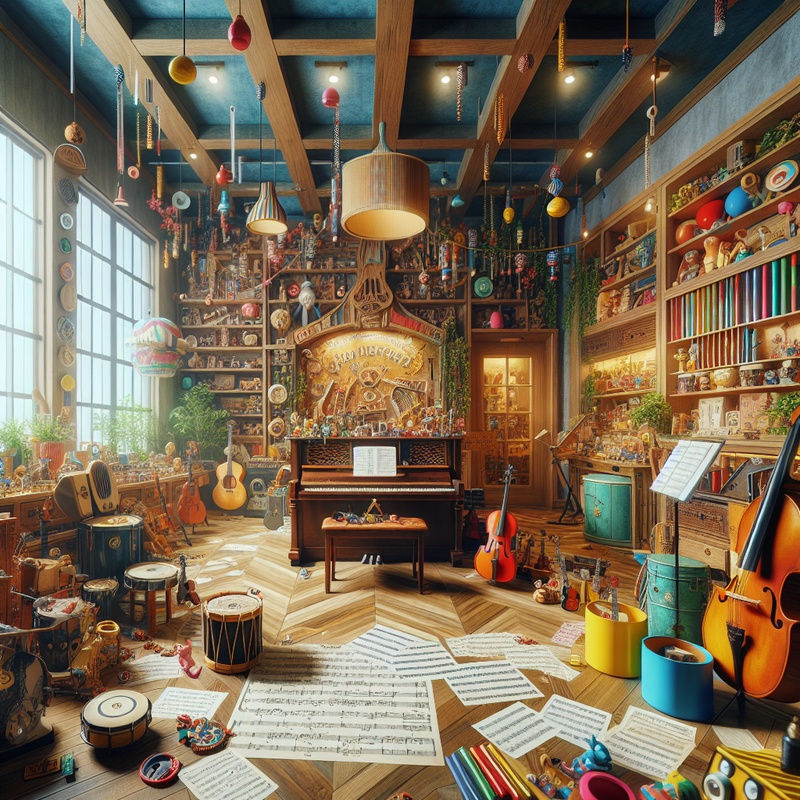 A music workshop room with instruments and decorations.