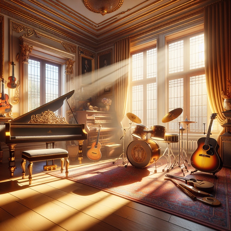 A bright music room with various instruments like pianos, guitars, and drums.