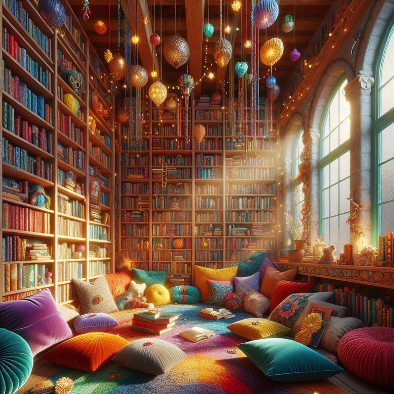 A cozy reading nook with colorful bookshelves and cushions.