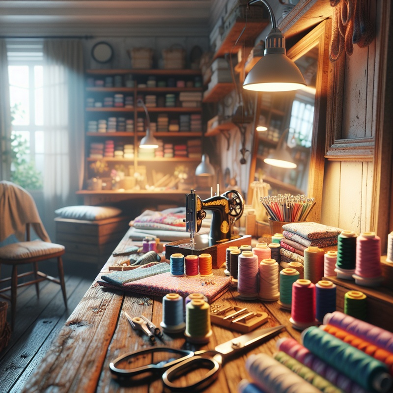 A sewing area with vibrant fabrics and tools on a table.