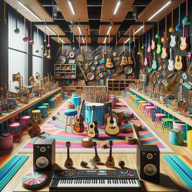 A classroom with musical instruments and colorful decorations for a music-themed event.