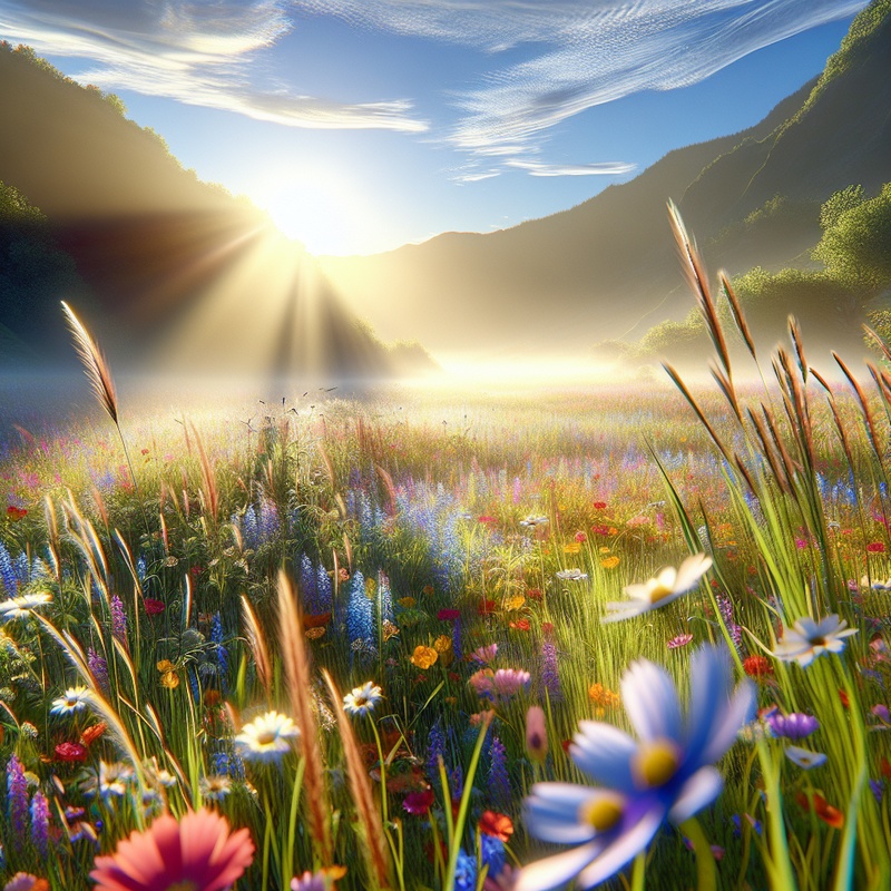 A peaceful meadow with wildflowers under a clear sky.