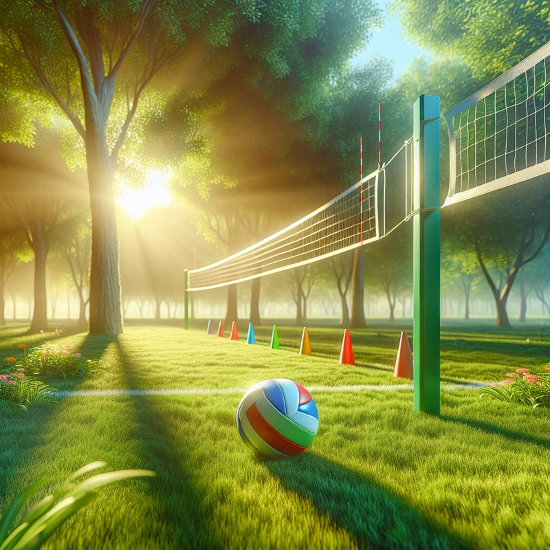 A park with a volleyball net, cones, and a volleyball on grass.