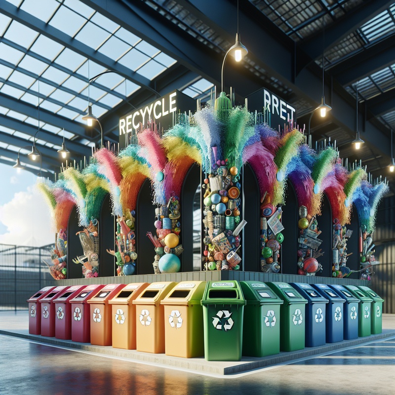 Colorful recycling station with bins and repurposed art projects.