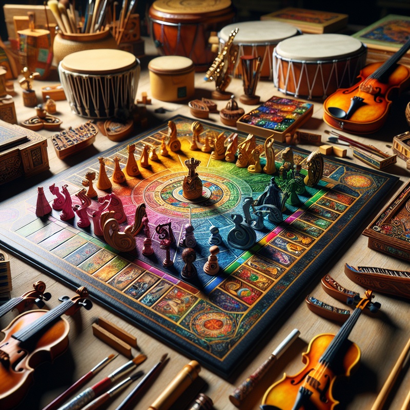 Colorful board game with music history themes, surrounded by handmade instruments and art materials.
