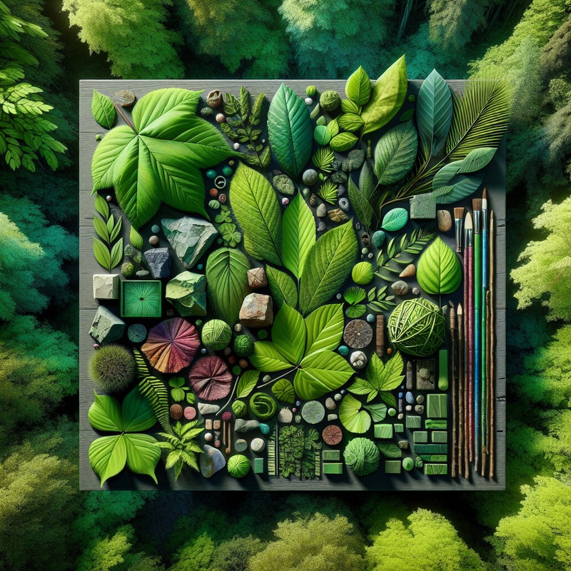 Nature art kit with natural materials in a forest setting.