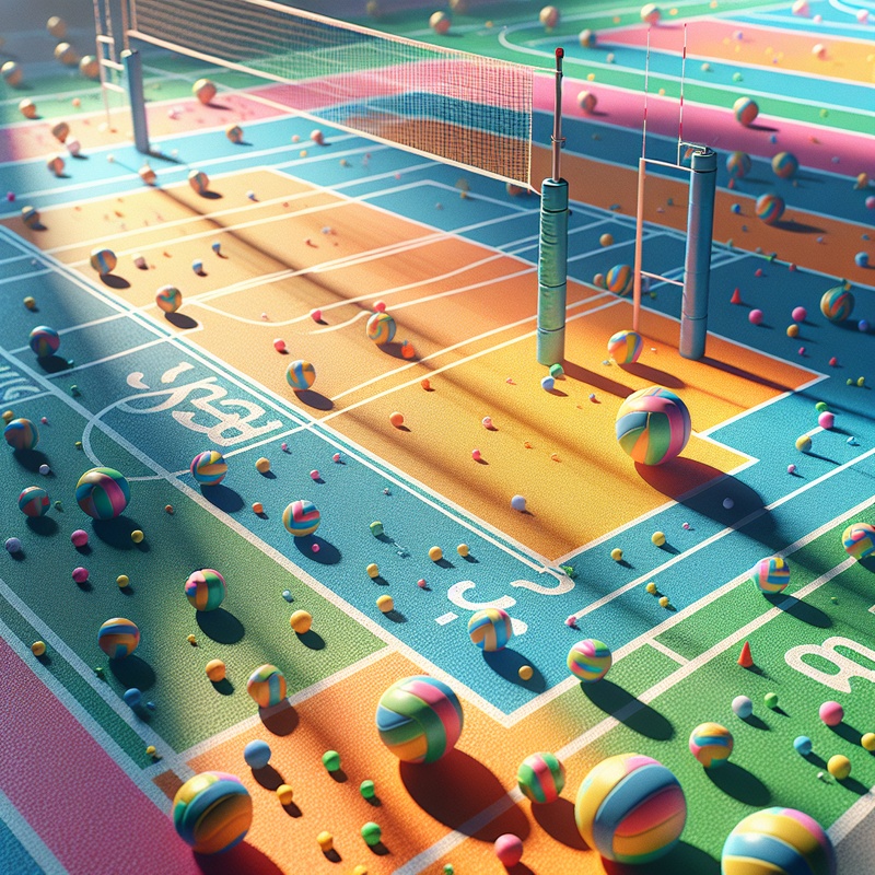 A lively volleyball court featuring foam balls, mini nets, and bright court markers.