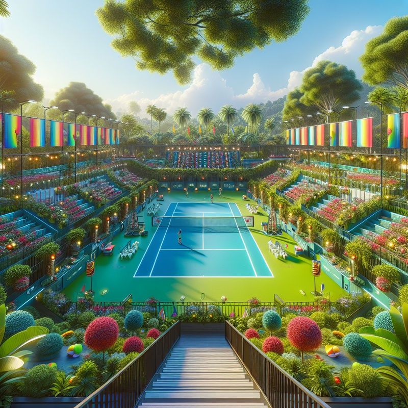 Tennis courts with banners and equipment in a green setting.