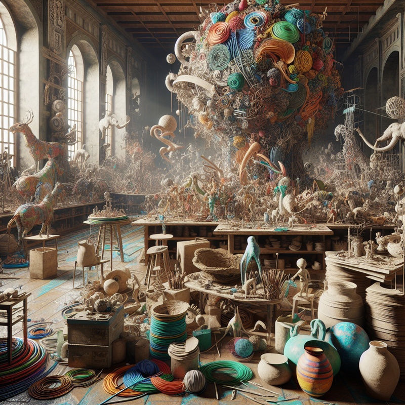 A sculpture studio with various materials and colorful sculptures.