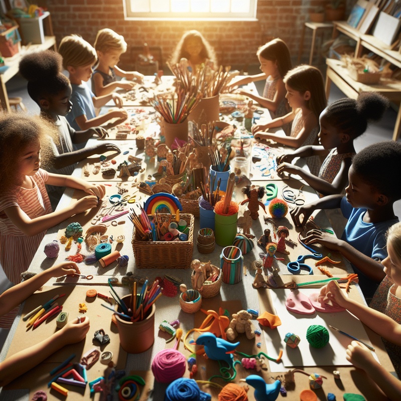 Art workspace with colorful materials and children's sculptures.