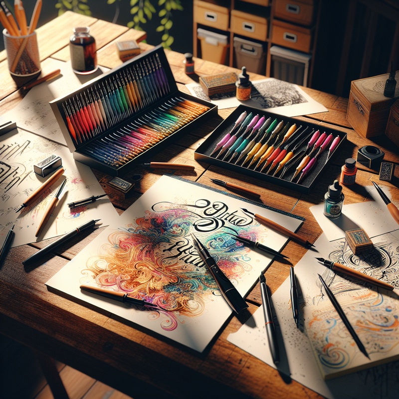 Calligraphy kit with pens, sheets, and guidebook on a desk.