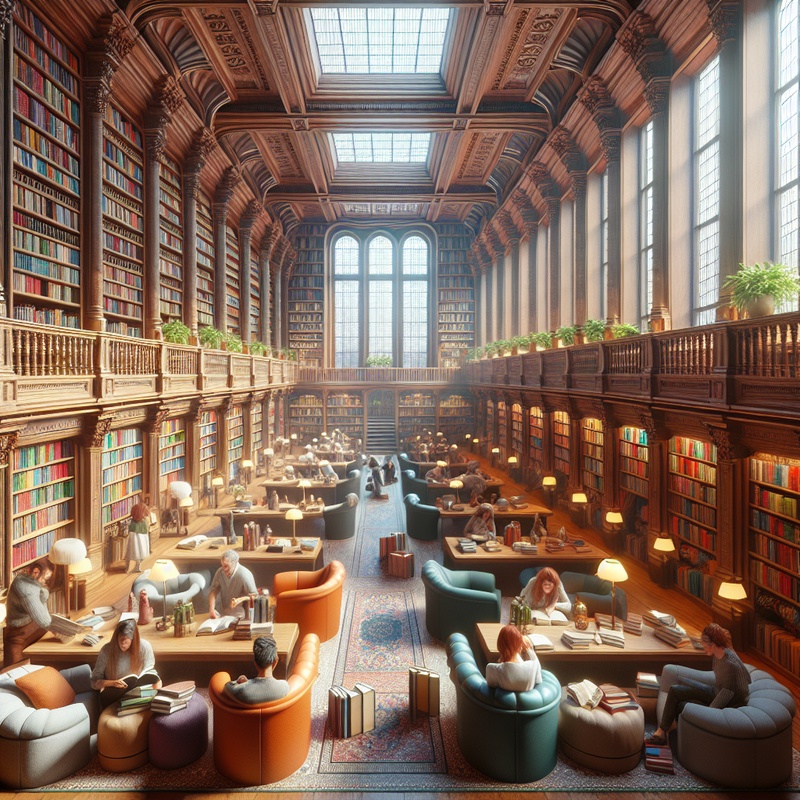 A cozy library with colorful bookshelves and sunlight through windows.