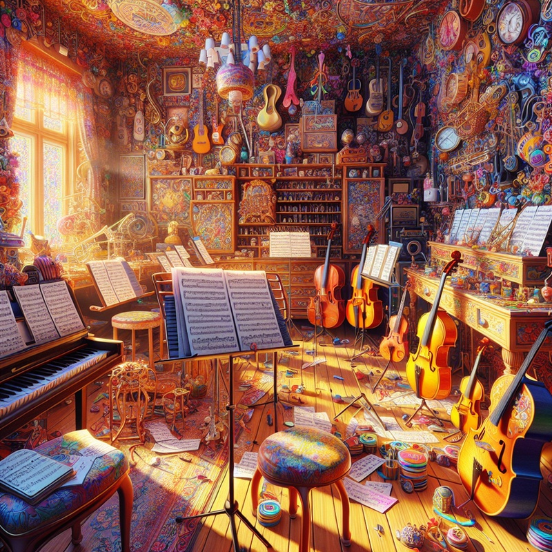 A music room with instruments and decorations in natural light.