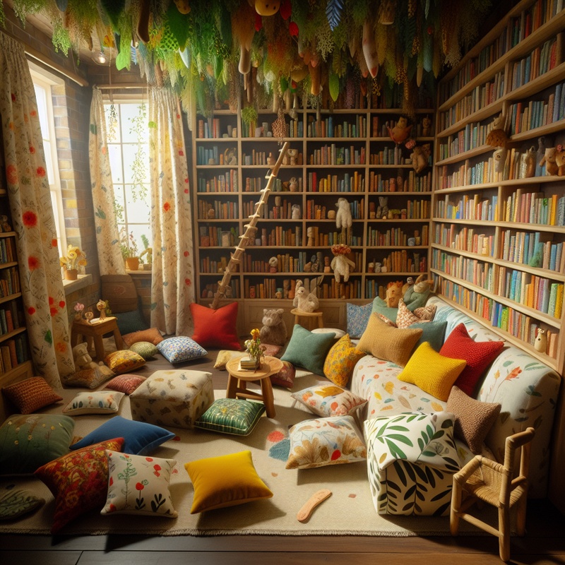 A cozy nook with books, cushions, and forest-themed decor for storytelling.