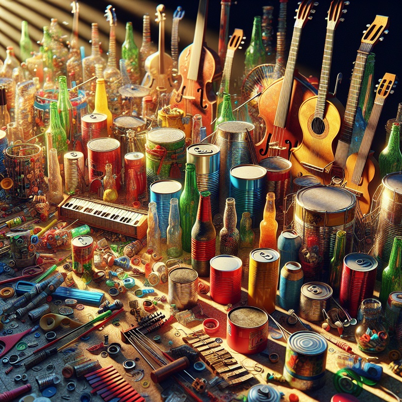 Colorful homemade musical instruments made from household items.